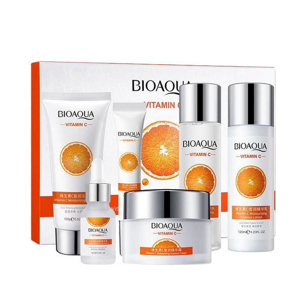 BIOAQUA 6 Pcs Vitamin C Skin Care Set Moisturizing Anti-aging Face Cream Serum Facial Cleanser Skin Care