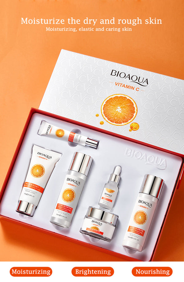 BIOAQUA 6 Pcs Vitamin C Skin Care Set Moisturizing Anti-aging Face Cream Serum Facial Cleanser Skin Care